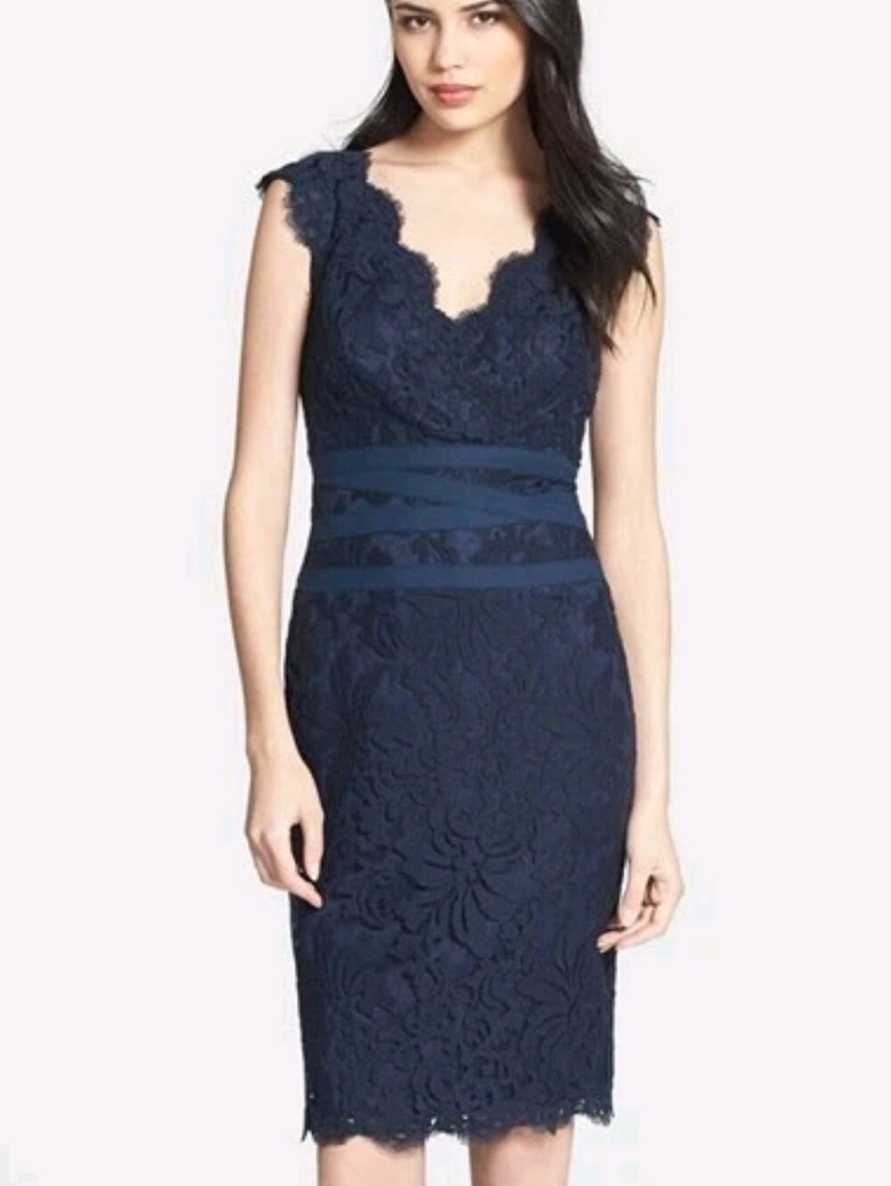 TADASHI SHOJI Navy Scalloped Eyelash Lace V-Neck Ribbon Waist Sheath Dress 2